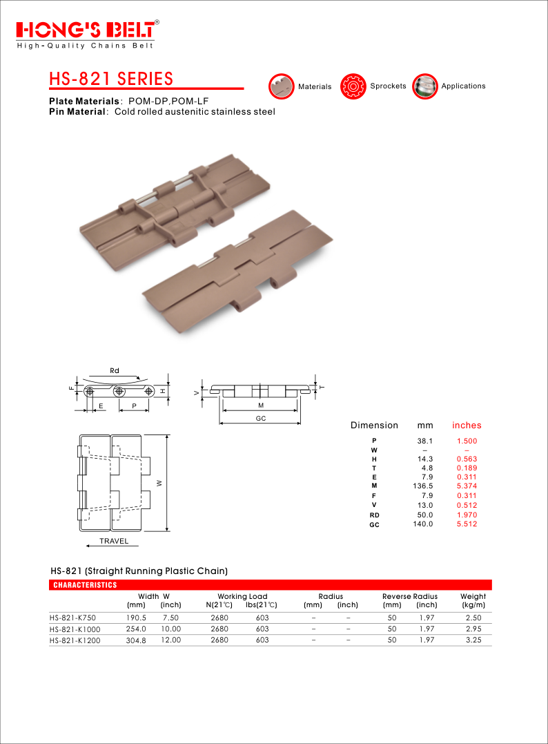 Цепь пластинчатая пластиковая серии HS-821